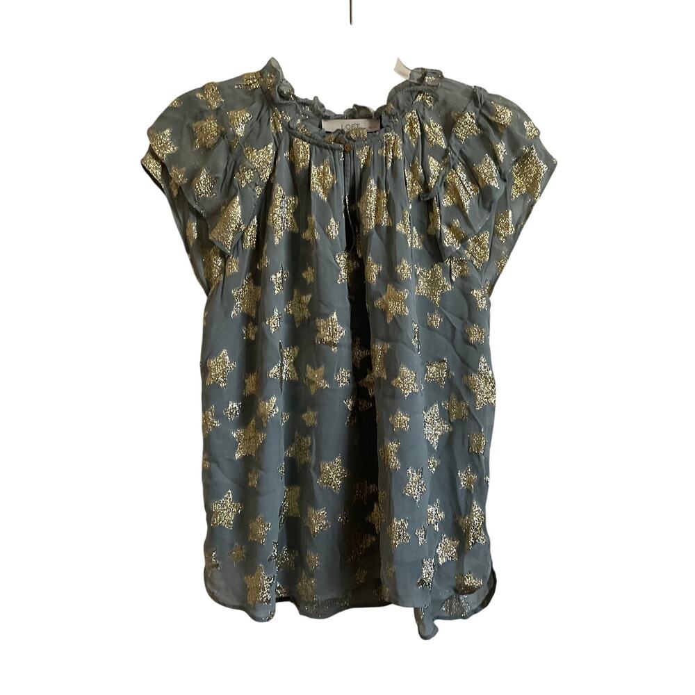 LOFT Grey and Gold Star Printed Blouse - Size Medium Petite - NEW